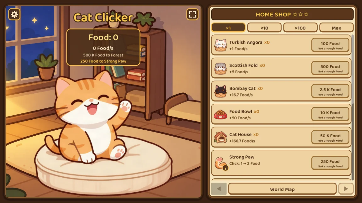 Cat Clicker gameplay: the Home region with the shop panel